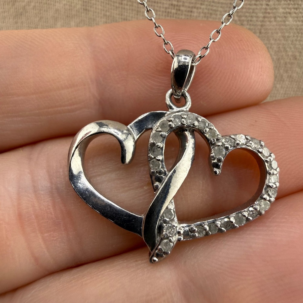 FAS Double Heart Necklace Silver 925 Sterling Interlocking Accents Womens 18in